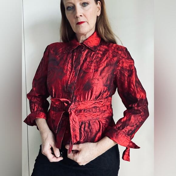 Vintage Womens Silk Blouse Floral Print Chili Red/Black 90s Designer Formal - Picture 9 of 11